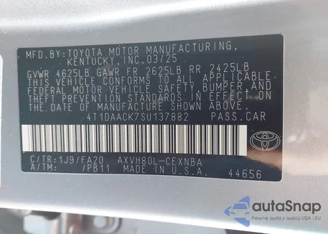 2025 Toyota Camry Le z USA, uszkodzony, nr VIN 4T1DAACK7SU137882